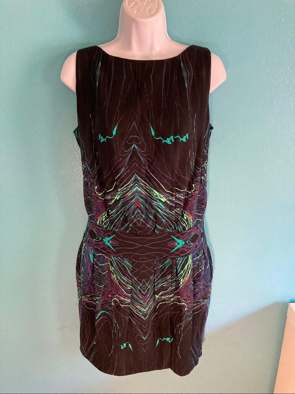 Brian Reyes Womens Black Silk Dress 4 Sheath Teal Printed Graphic Archive Avant